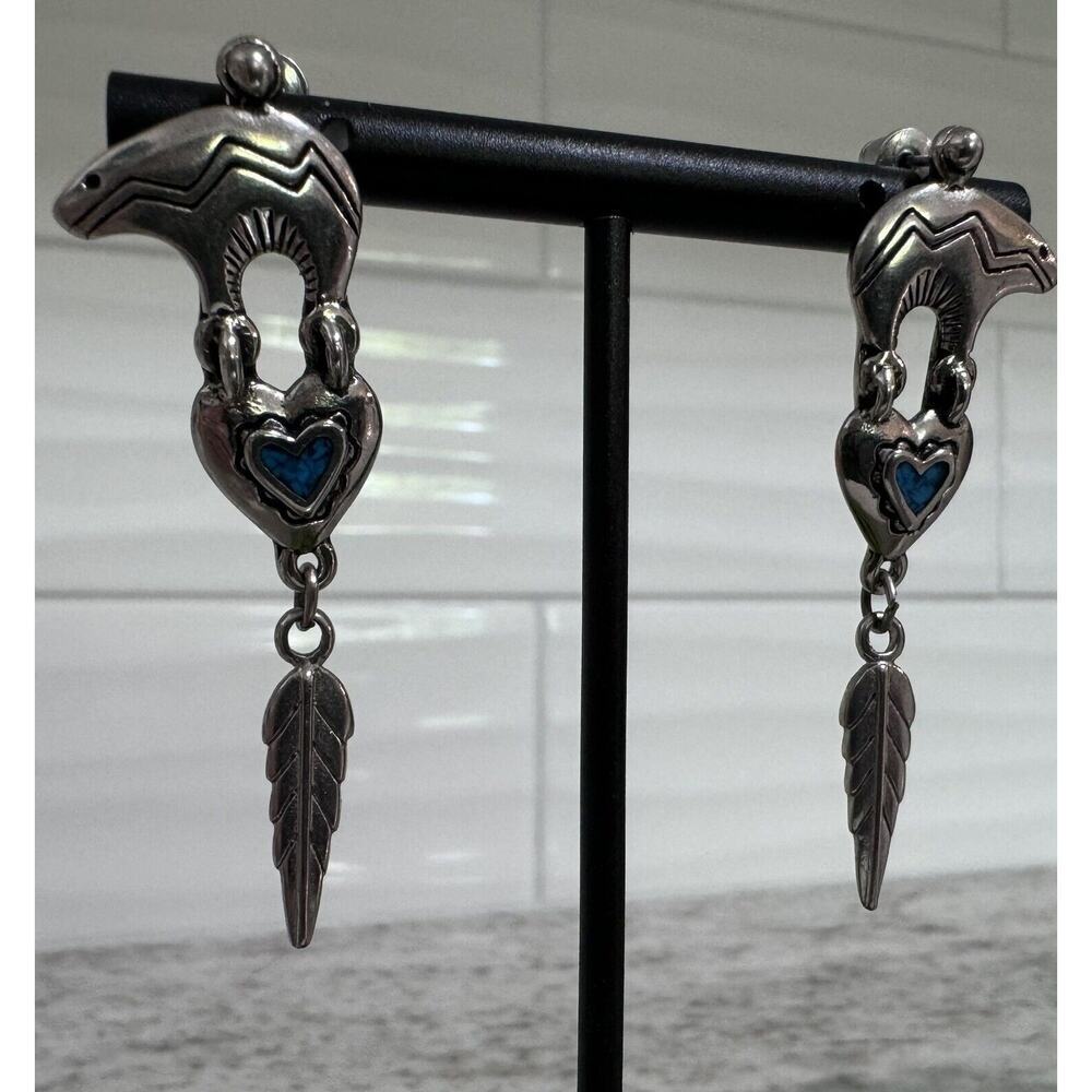 Vintage Native American Sterling Silver Bear Turquoise Heart Dangle Earrings - Picture 2 of 7